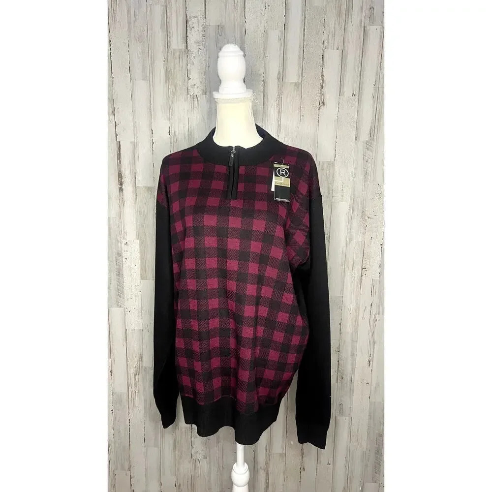 NWT Chereskin Men's XL Red &‎ Black Plaid 1/4 Zip Pullover Sweater